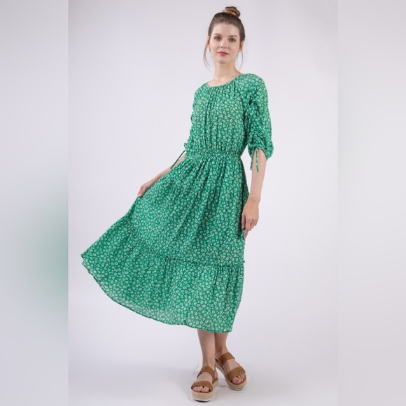 VERY J Printed Ruched Tiered Midi Dress - Picture 1 of 5